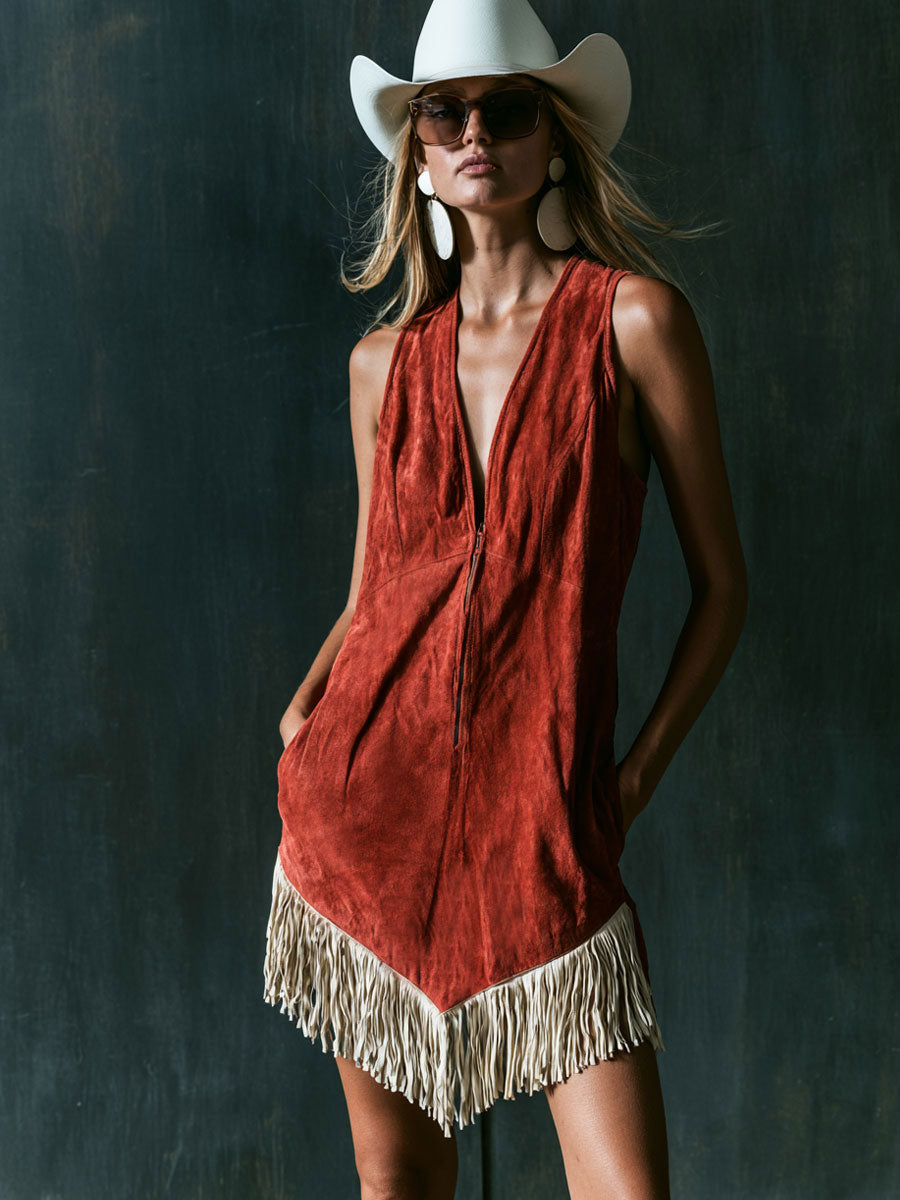 Western Retro Tassel Red Faux Suede Sleeveless Mini Dress  - By Qivii