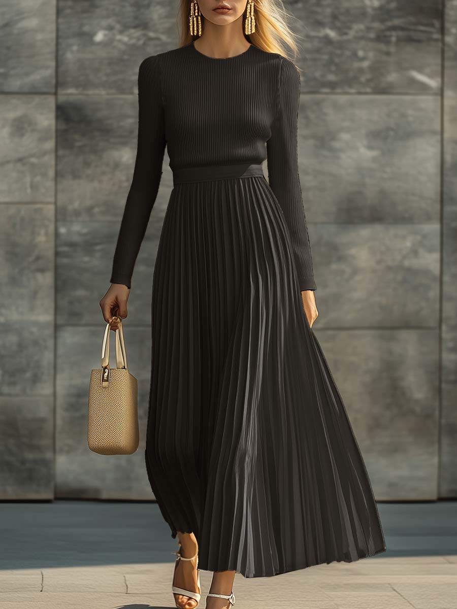 Elegant Casual And Comfortable Long-sleeved Cream Knitted Satin Pleated Hem Maxi Dress  - By Qivii