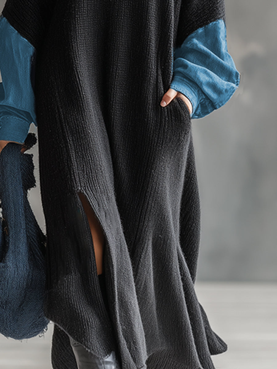 Fashionable Casual Black Knitted Denim Trim Maxi Dress  - By Qivii