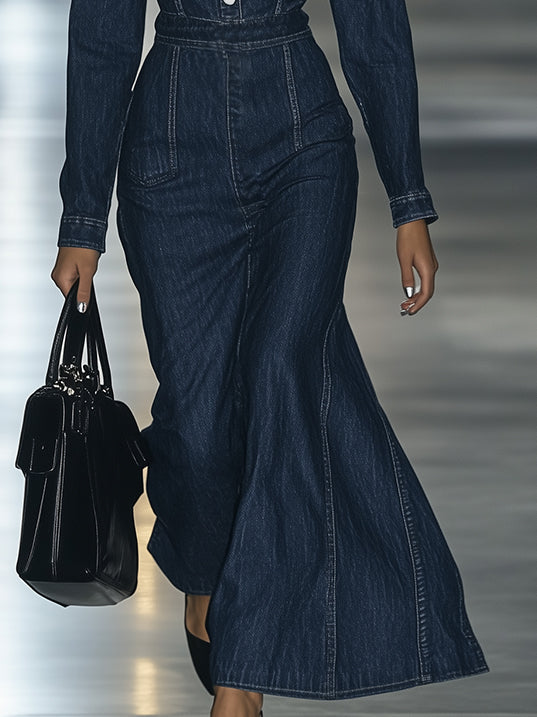 Casual Slim Fit Vintage Lace-up Long Sleeve Denim Maxi Dress - By Qivii