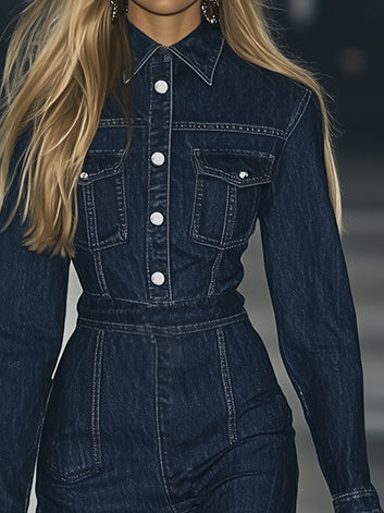 Casual Slim Fit Vintage Lace-up Long Sleeve Denim Maxi Dress - By Qivii