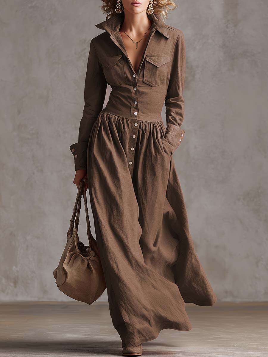 Exquisite Retro Western Lapel Front Button Red Windbreaker Style Cotton And Linen Maxi Dress  - By Qivii