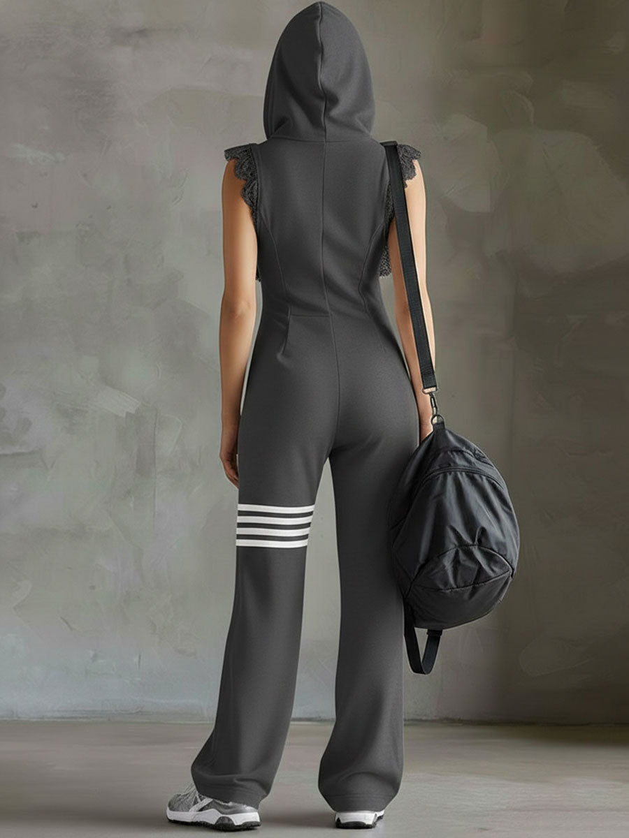Sporty Retro Lace Striped Black Sleeveless Hooded Jumpsuit  - By Qivii