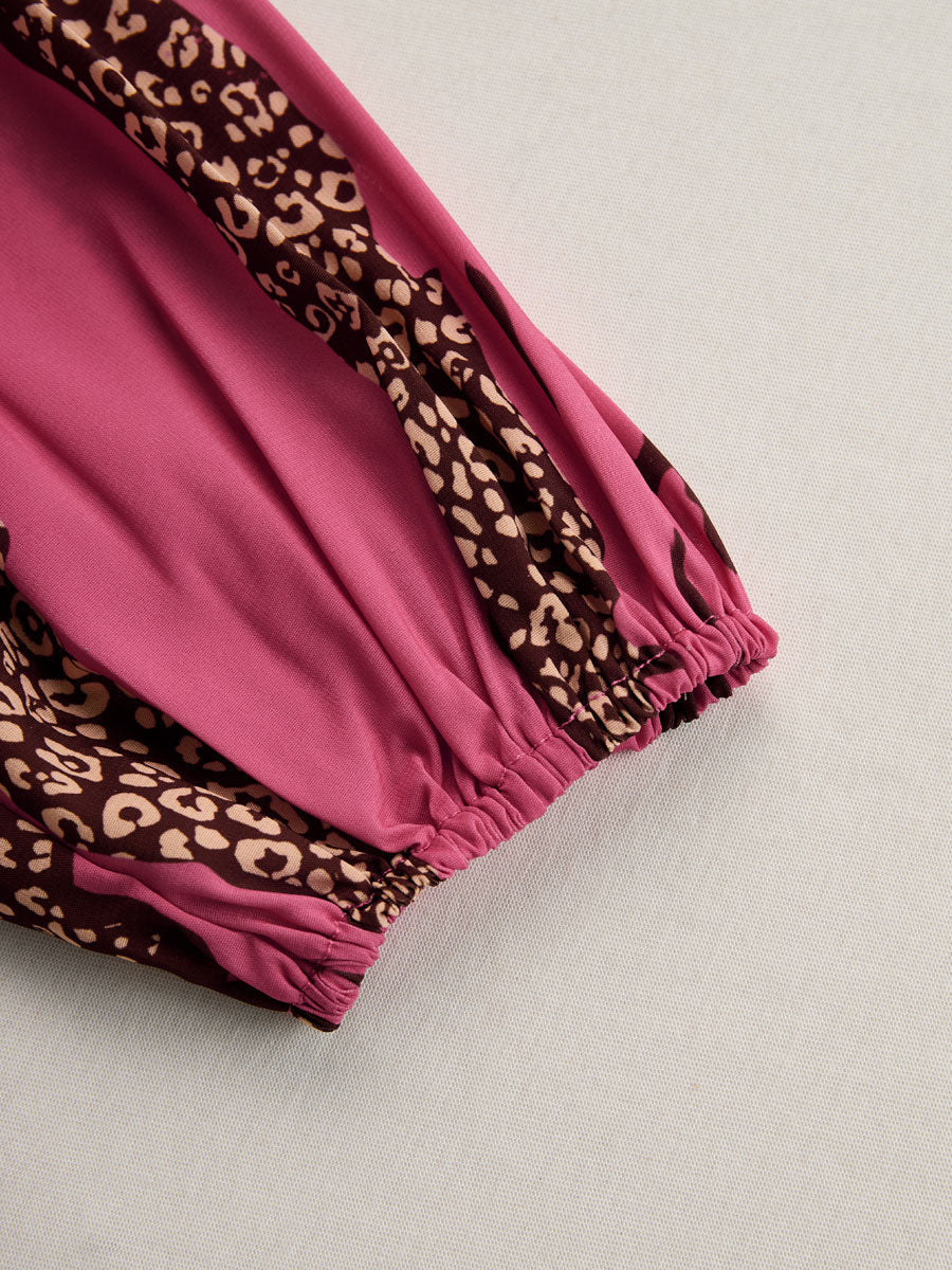 Casual Loose Rose Red Chiffon Leopard Print Long-Sleeved Jumpsuit  - By Qivii