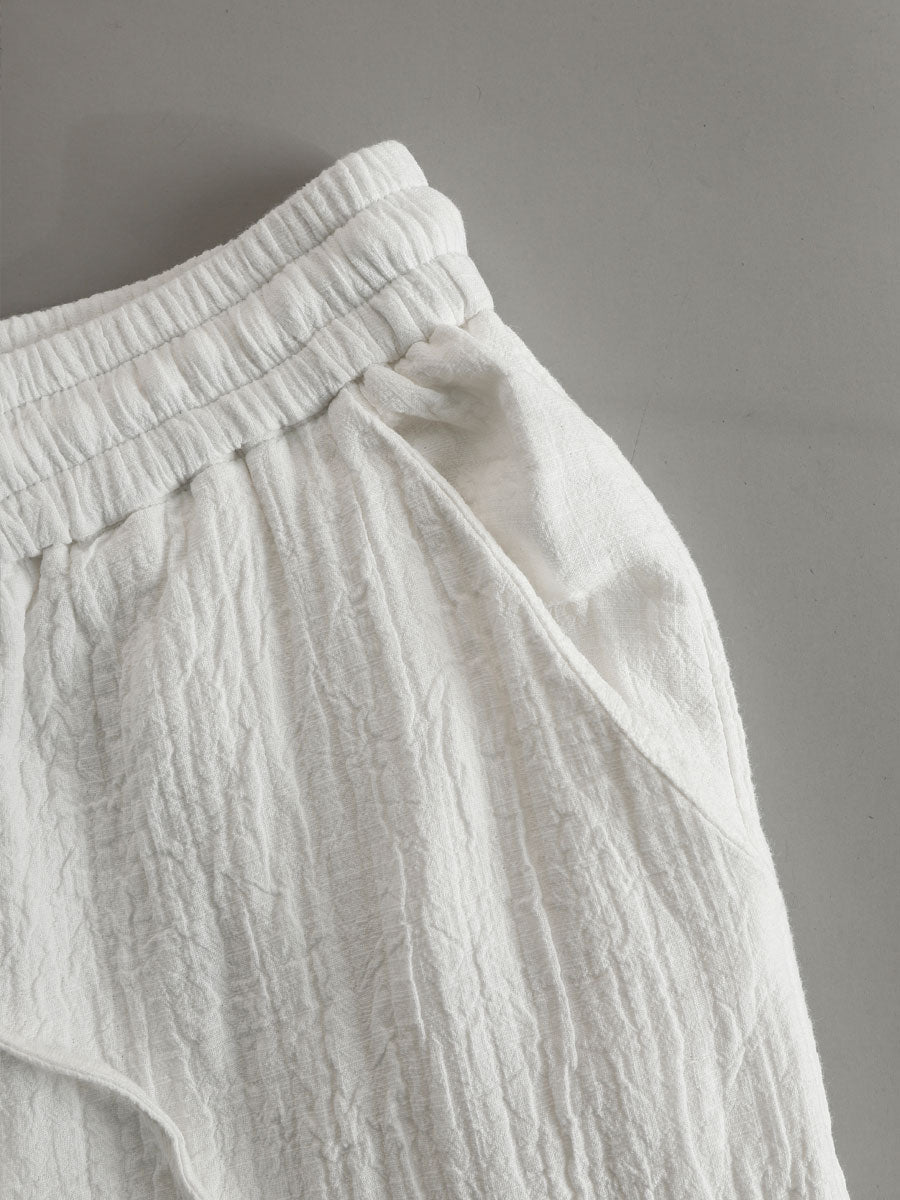 Vacation Retro White Cotton Linen Short-Sleeve Hooded Top And Balloon Pants Set  - By Qivii