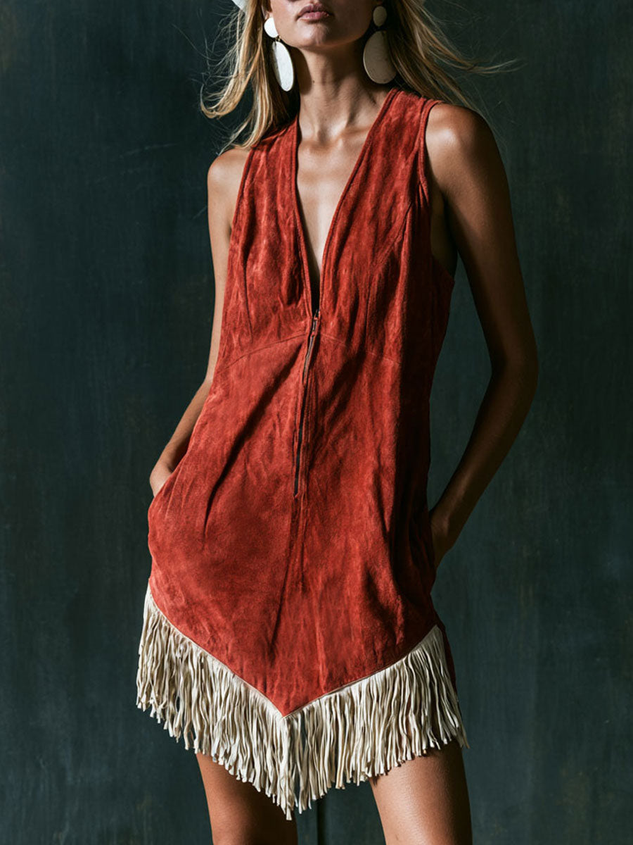 Western Retro Tassel Red Faux Suede Sleeveless Mini Dress  - By Qivii