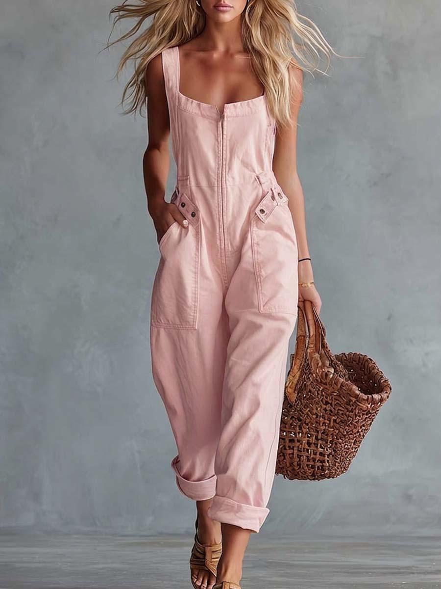 Casual Retro Square Neck Front Zipper Light Yellow Denim Jumpsuit  - By Qivii