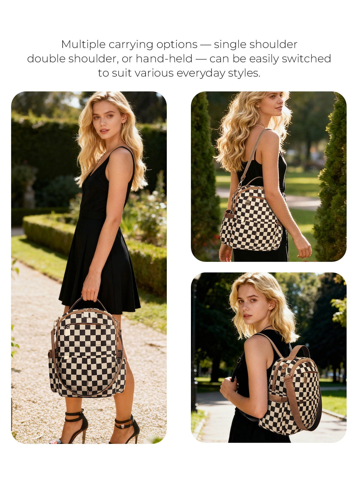Ounamei Checkered Backpack Purse for Women | Anti-Theft Travel & Work Bag with Matching Pouch