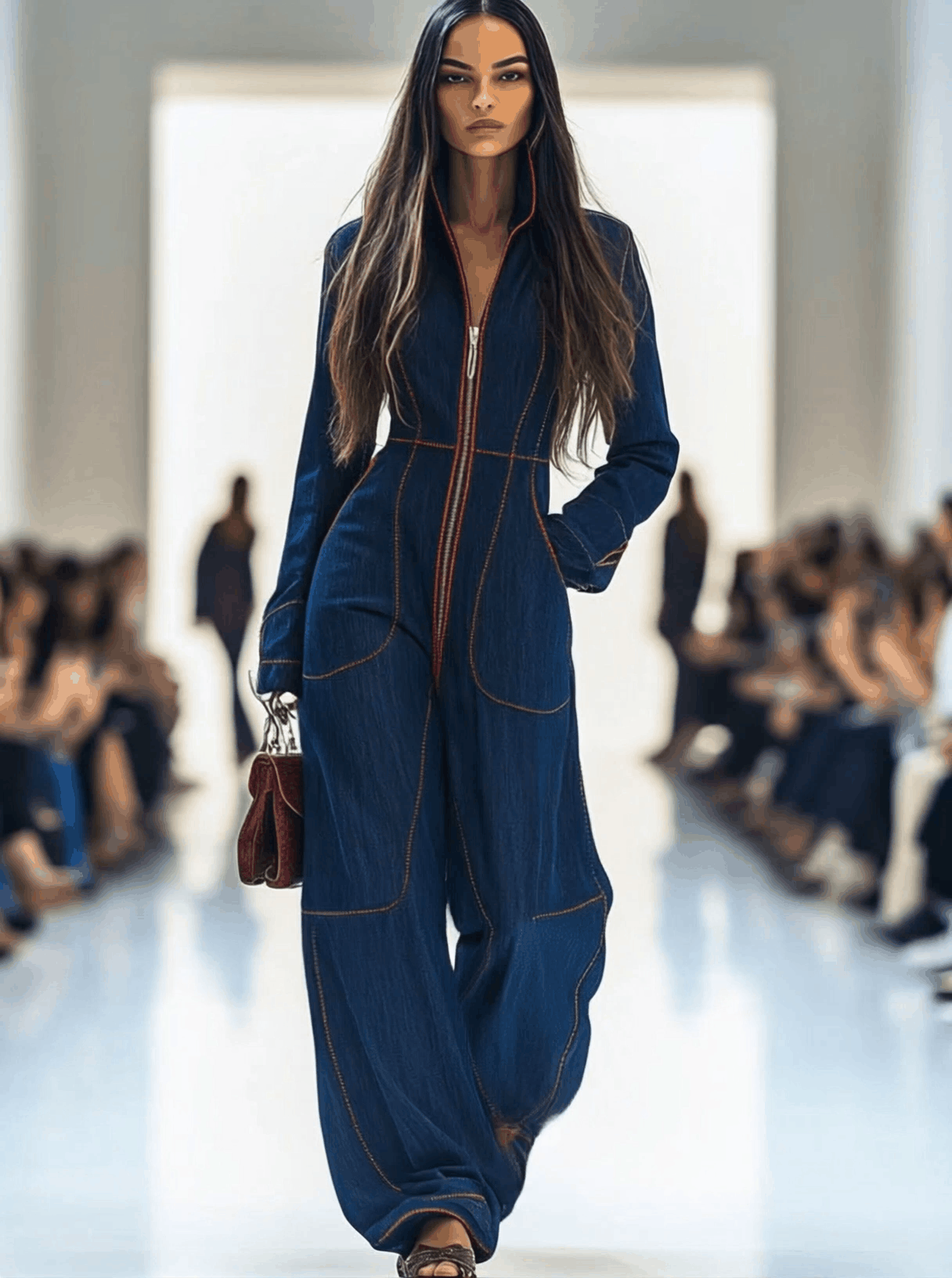Casual Loose Retro Red Topstitched Denim Wide Leg Long Sleeve Jumpsuit  - By Qivii