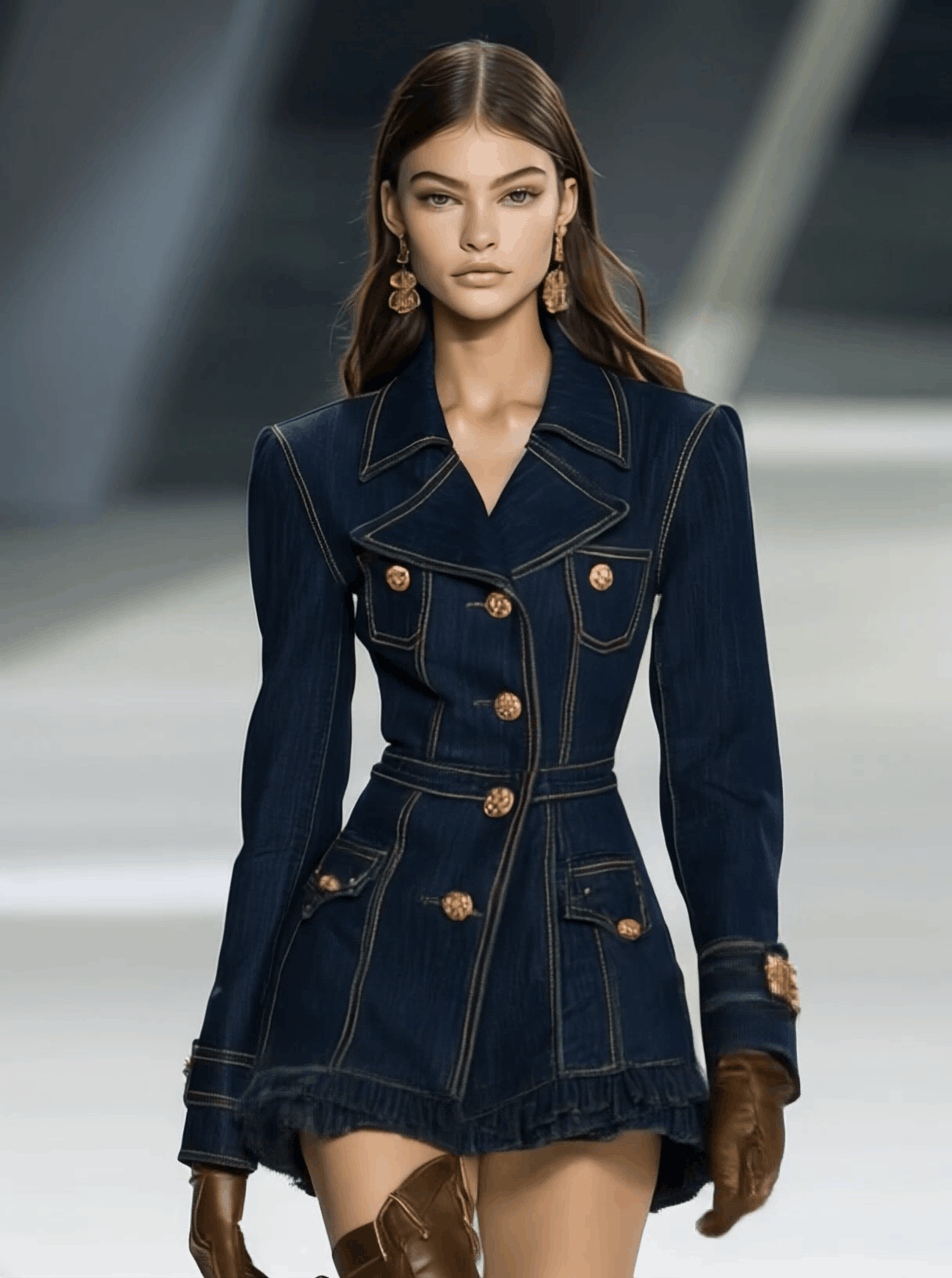 Classic and Playful Large Lapel Ruffled Hem Waist Denim Mini Dress - By Qivii