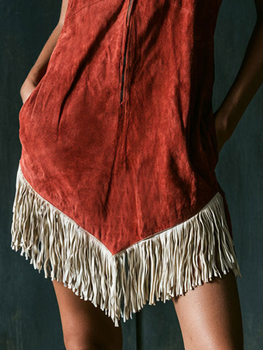 Western Retro Tassel Red Faux Suede Sleeveless Mini Dress  - By Qivii