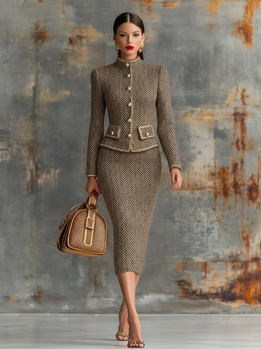 Vintage Herringbone Gold Trim Stand Collar Jacket And Skirt Set  - By Qivii