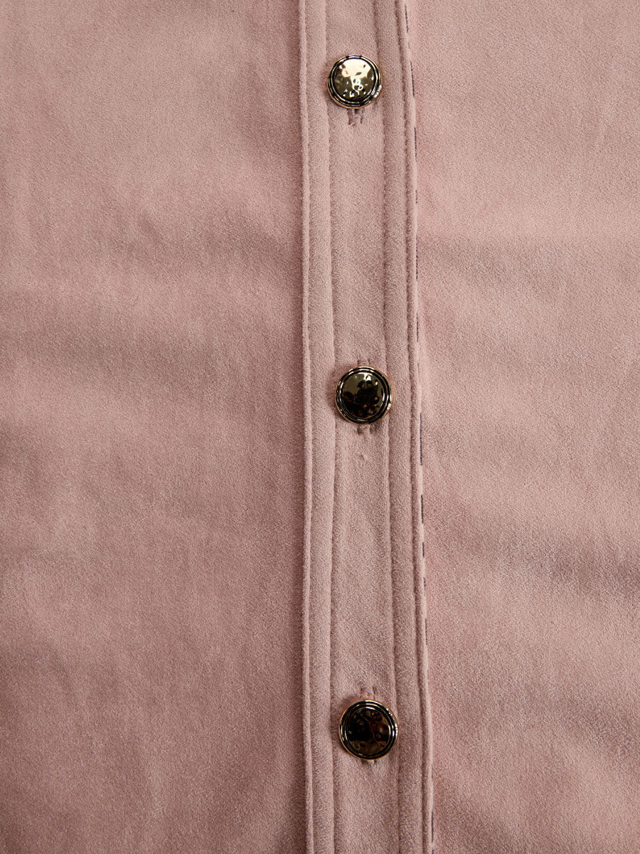 Western Retro Leopard Print Pink Faux Suede Long-Sleeve Shirt  - By Qivii