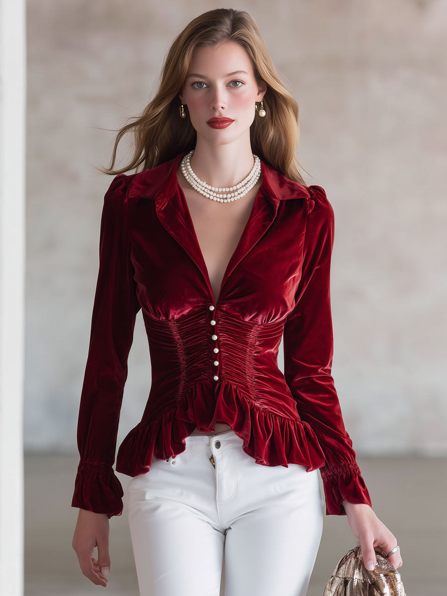 Fashionable Retro Red Velvet Pleated Ruffled Long-sleeved Shirt  - By Qivii