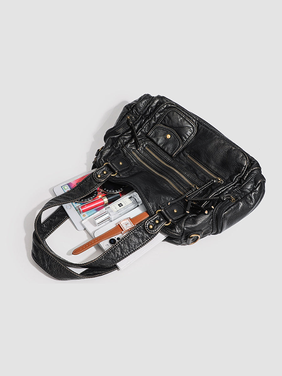 Women's Fashionable Distressed Multi-pocket Leather Handbag MDA0889H1Y