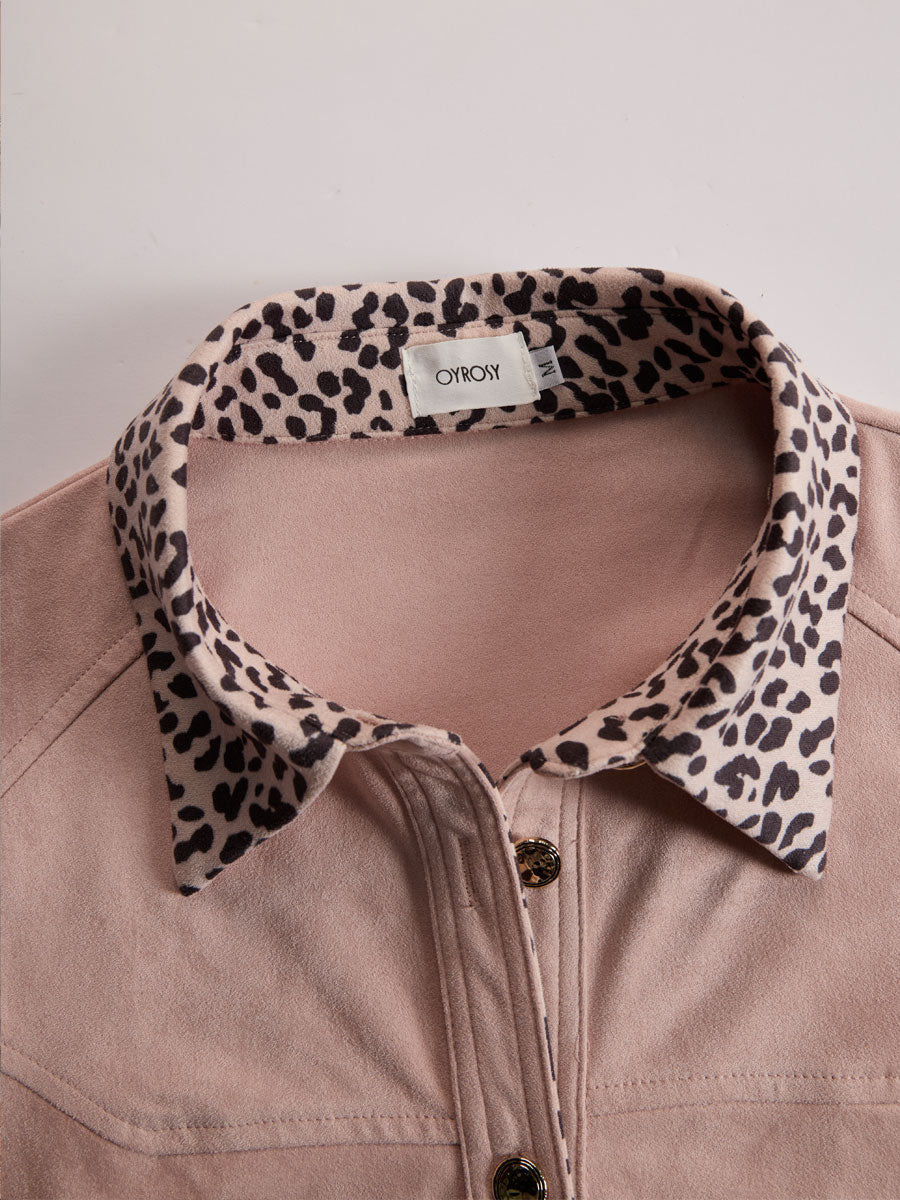 Western Retro Leopard Print Pink Faux Suede Long-Sleeve Shirt  - By Qivii