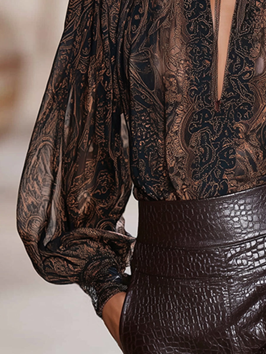 Premium Printed V-Neck Mocha Brown Printed Long Sleeve Shirt  - By Qivii