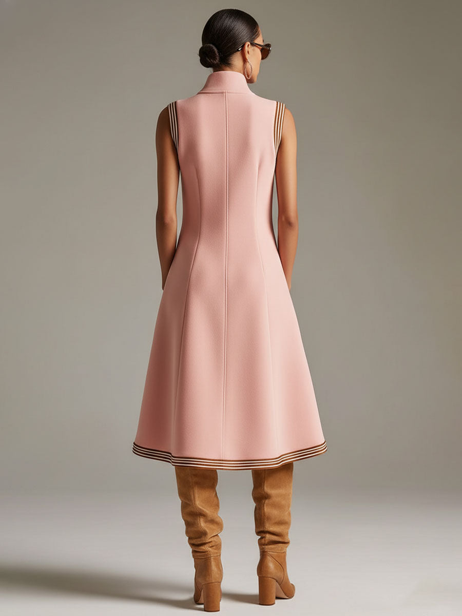 Sporty Retro Striped Ribbed Pink Cotton Blend Sleeveless Midi Dress  - By Qivii