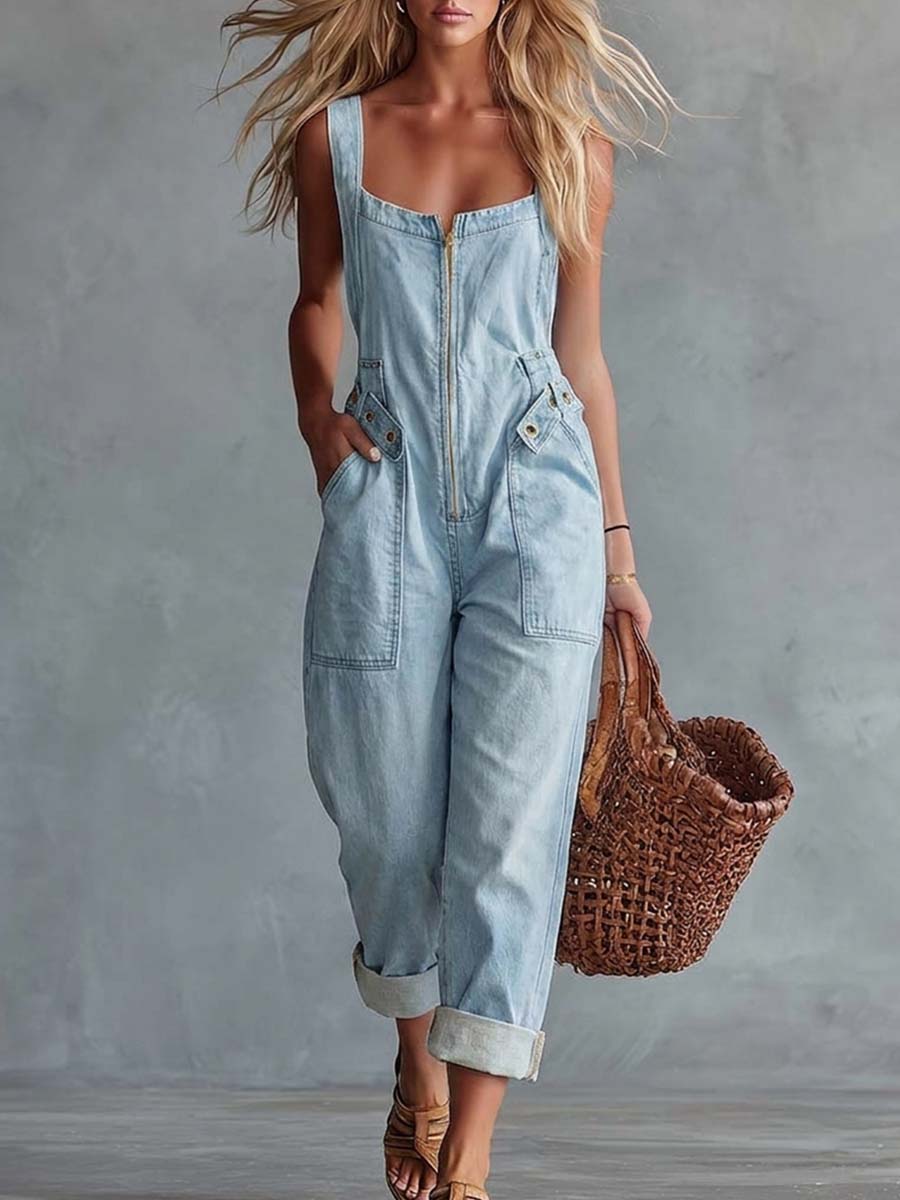 Casual Retro Square Neck Front Zipper Light Yellow Denim Jumpsuit  - By Qivii