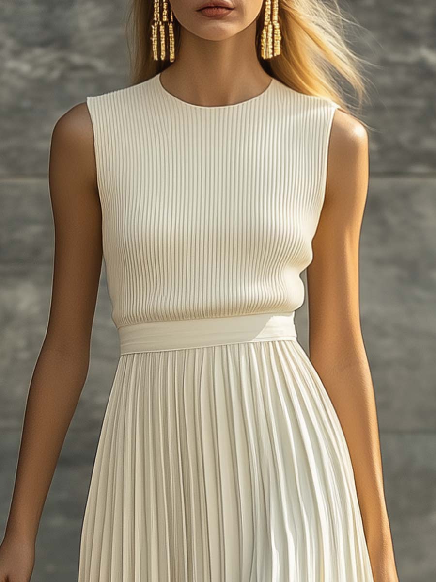 Elegant Casual And Comfortable Cream Knitted Chiffon Pleated Hem Maxi Dress  - By Qivii