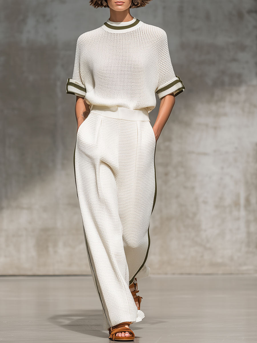 Vintage-Trimmed White Knitted Mesh Short-Sleeved Shirt And Wide-Leg Pants Set  - By Qivii