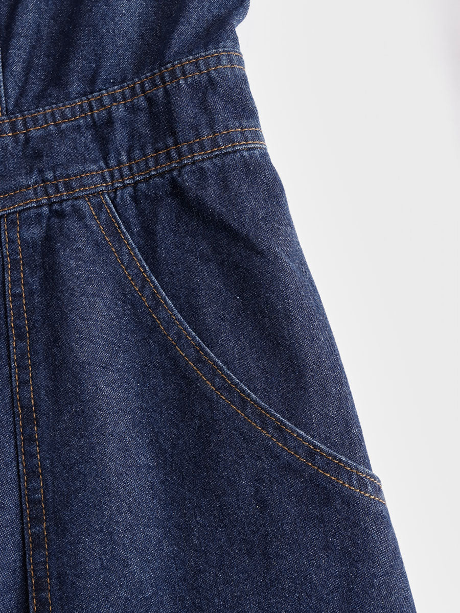 Casual Retro Multi-pocket Topstitching Dark Blue Denim Sleeveless Balloon Jumpsuit  - By Qivii