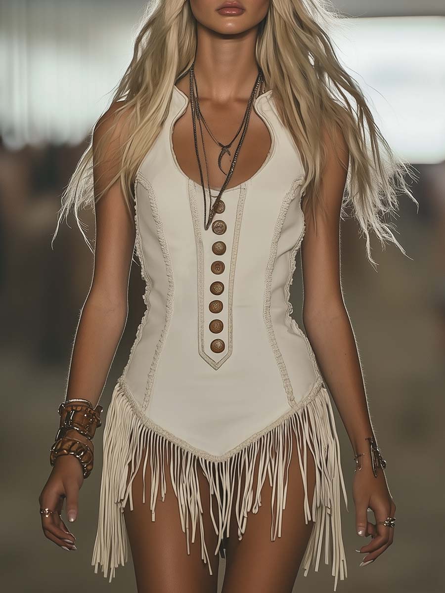 Elegant Western Chic Round Neck White Tassel Mini Dress - By Qivii