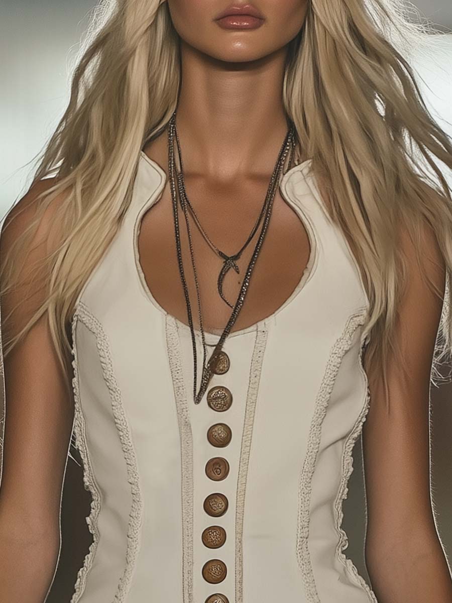 Elegant Western Chic Round Neck White Tassel Mini Dress - By Qivii