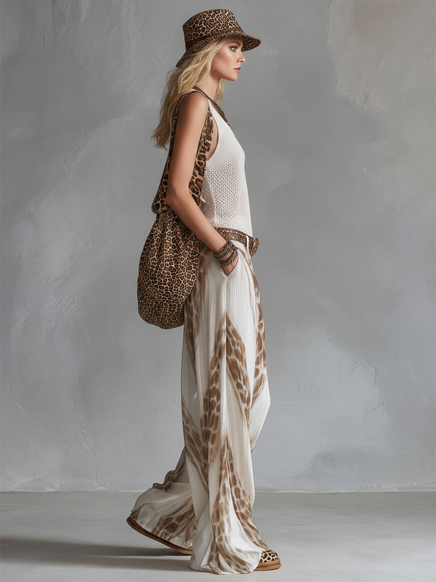 Elegant Vacation Style White Chiffon Printed Wide-leg Pants  - By Qivii