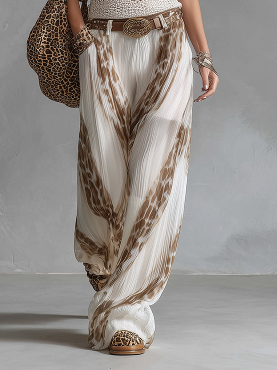 Elegant Vacation Style White Chiffon Printed Wide-leg Pants  - By Qivii