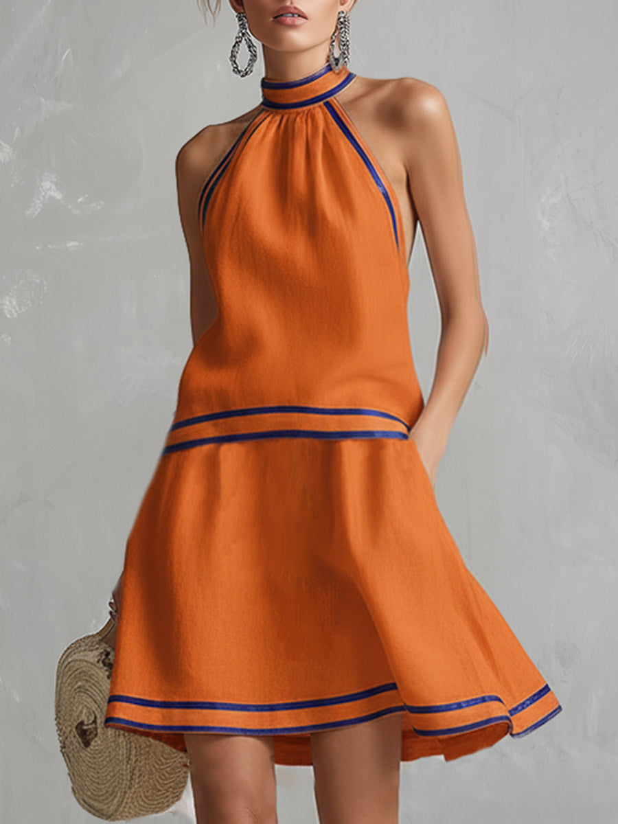 Elegant Color-Block Trim Orange Cotton-Linen Halter Sleeveless Mini Dress  - By Qivii