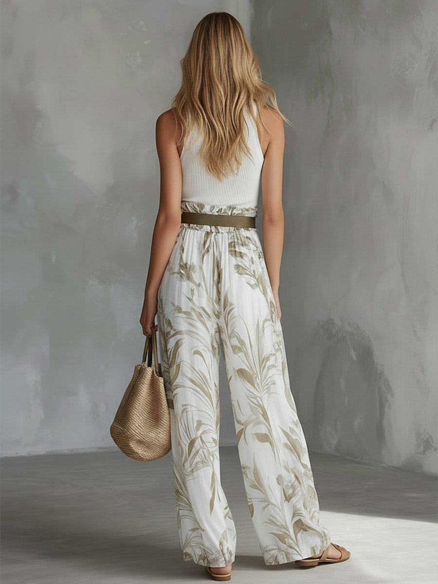 Elegant White  Printed Chiffon Wide-Leg Pants  - By Qivii