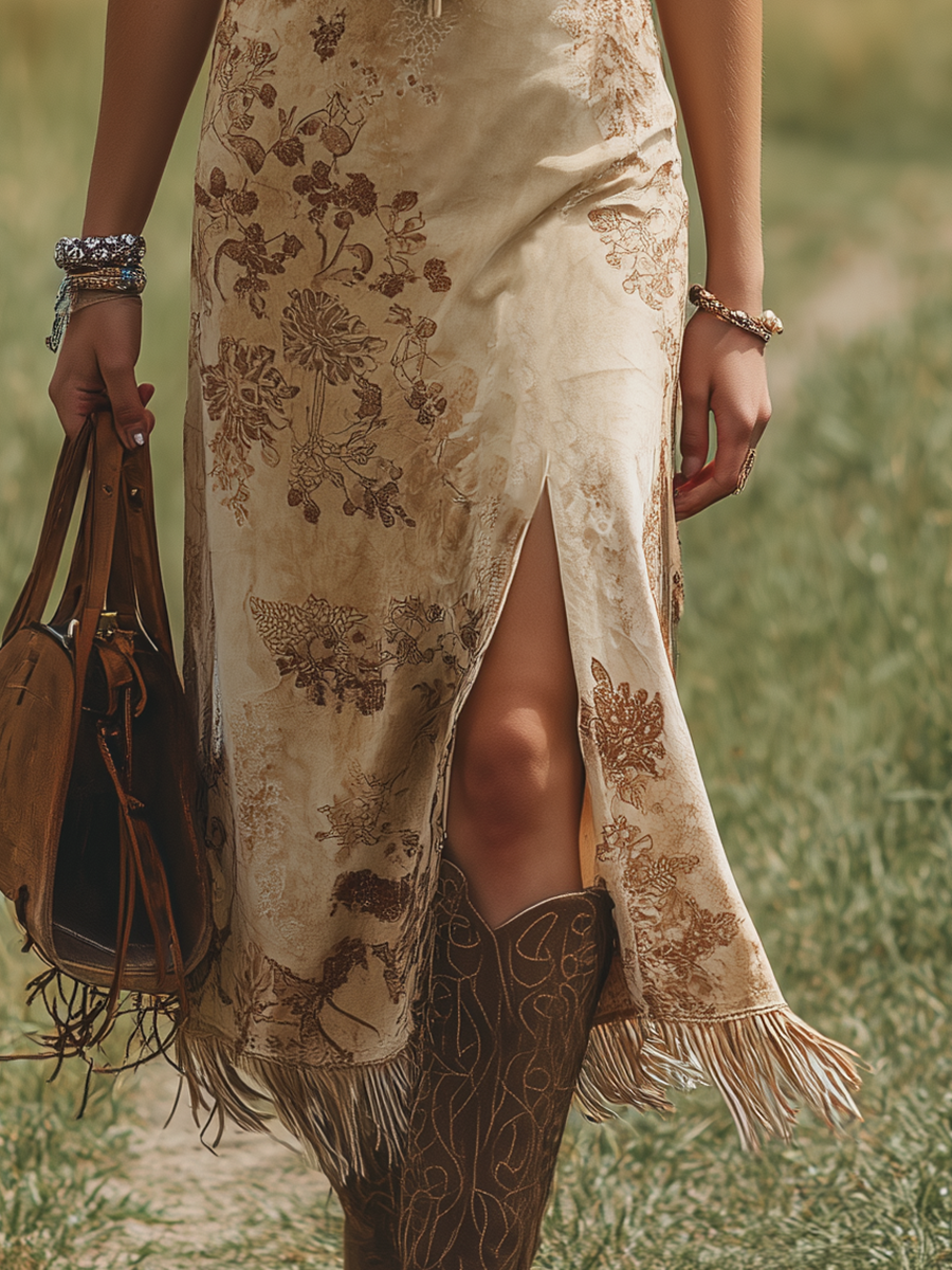 Bohemian V-Neck Fringe Sleeveless Printed Faux Suede Midi Dress  - By Qivii