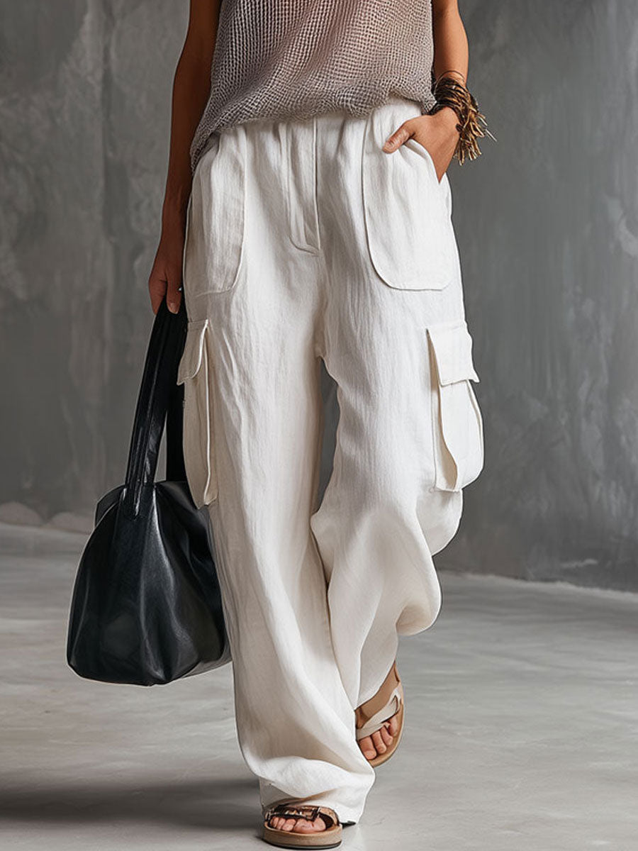 Casual Retro White Cotton And Linen Cargo Pants  - By Qivii