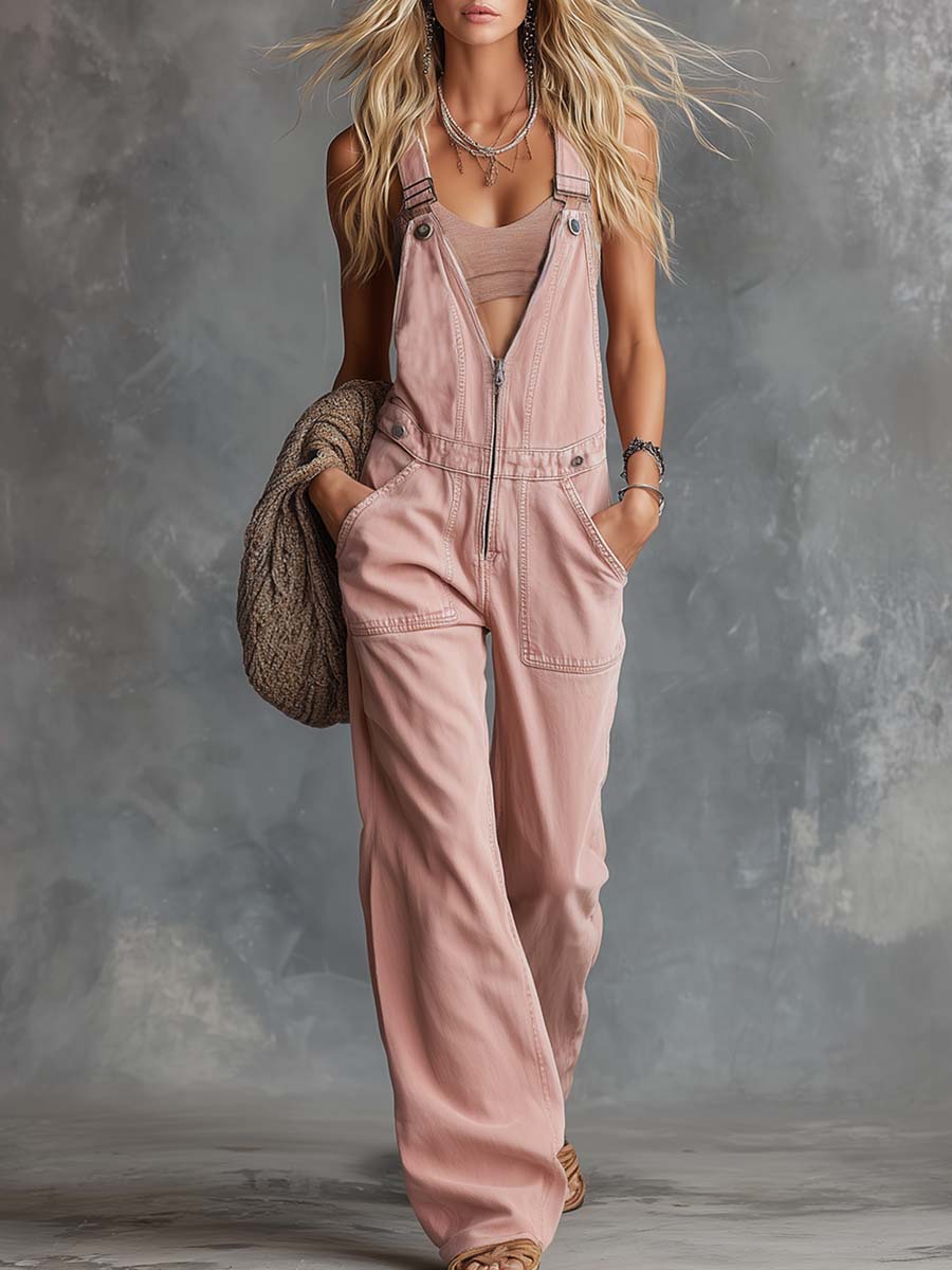 Retro Casual Western V-Neck Front-Zip Light Pink Denim Overalls Jumpsuit  - By Qivii