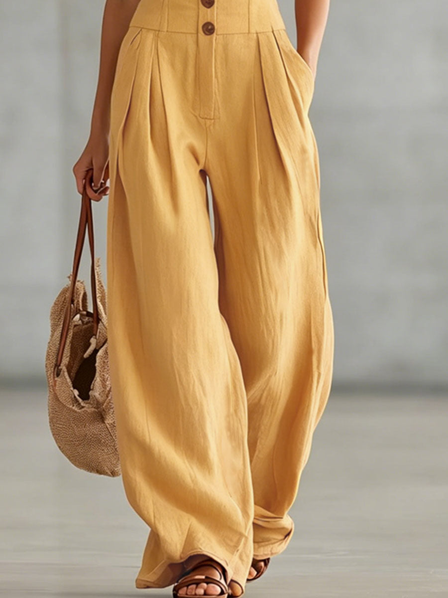 Retro-style Wide-strap Single-breasted Cotton-linen Sleeveless Jumpsuit  - By Qivii