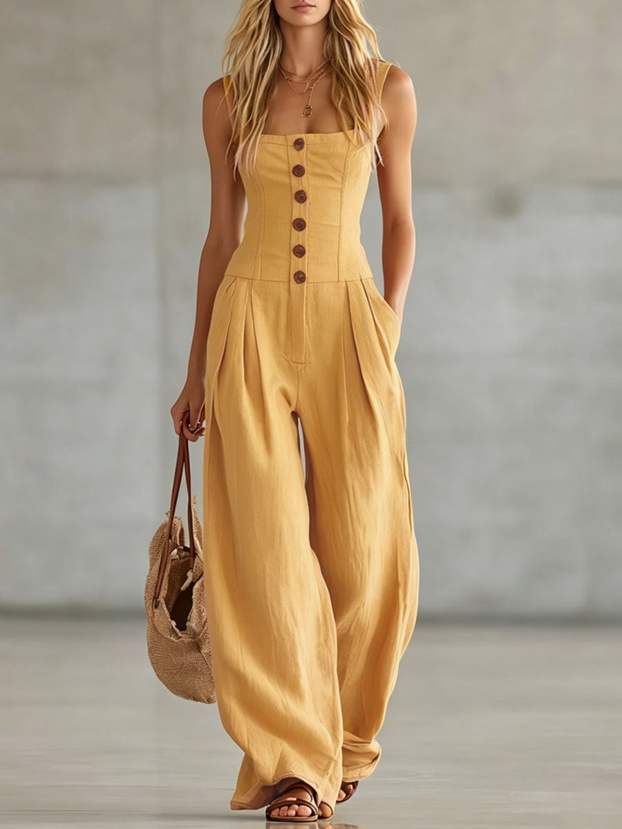 Retro-style Wide-strap Single-breasted Cotton-linen Sleeveless Jumpsuit  - By Qivii