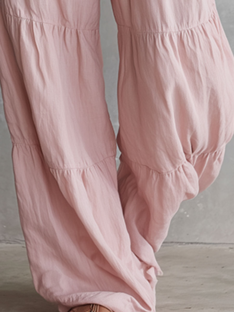Casual Retro Ruffled Pink Sleeveless V-neck Button Cotton And Linen Jumpsuit  - By Qivii