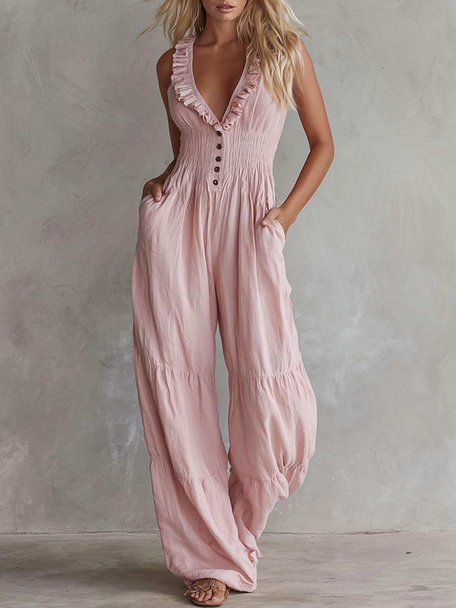 Casual Retro Ruffled Pink Sleeveless V-neck Button Cotton And Linen Jumpsuit  - By Qivii