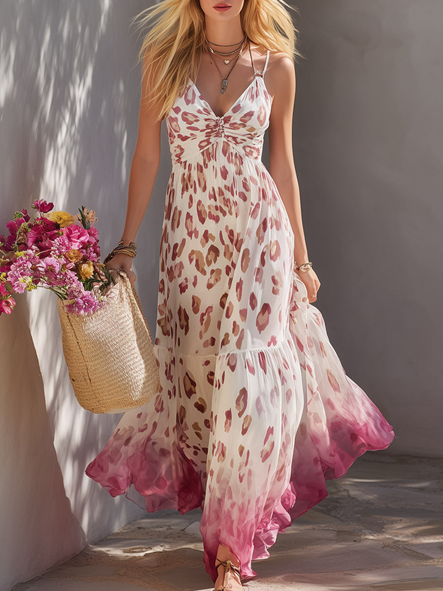Elegant Retro White Gradient Leopard Print Chiffon Spaghetti-Strap Maxi Dress  - By Qivii