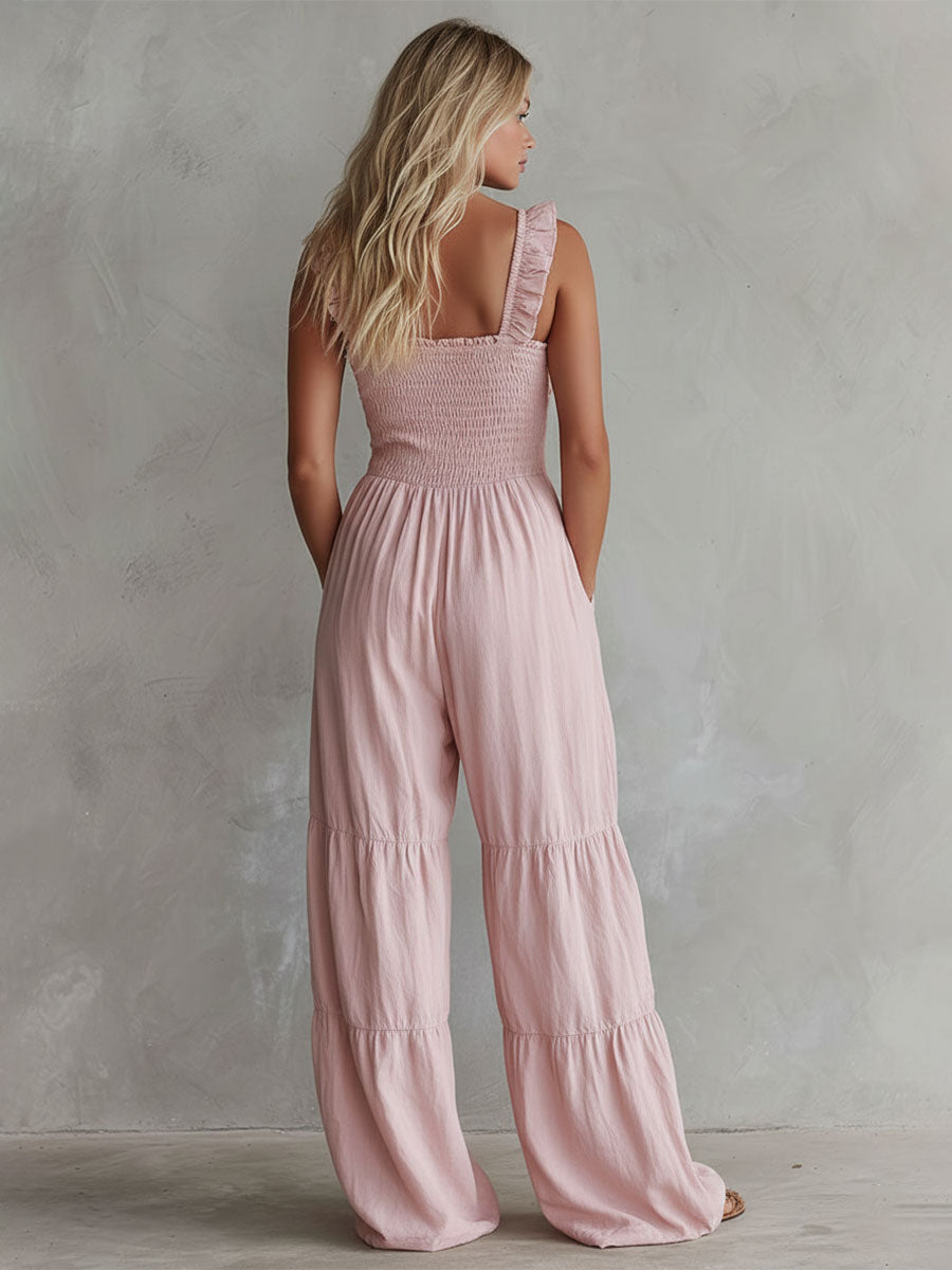 Casual Retro Ruffled Pink Sleeveless V-neck Button Cotton And Linen Jumpsuit  - By Qivii