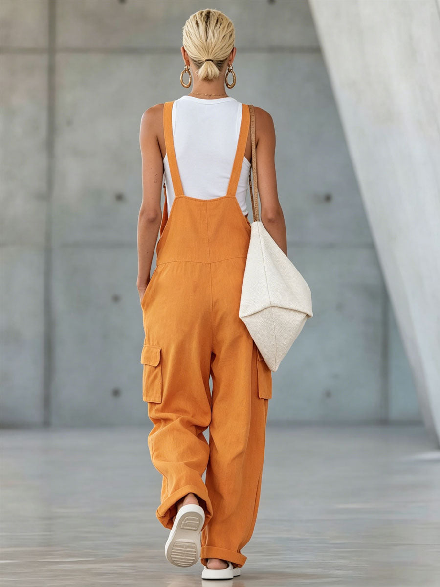 Orange Cotton-linen Multi-pocket Wide-leg Overalls  - By Qivii