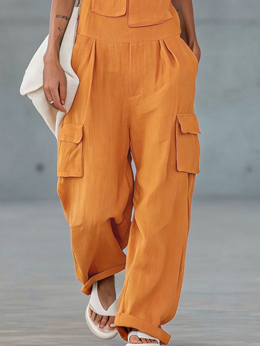 Orange Cotton-linen Multi-pocket Wide-leg Overalls  - By Qivii