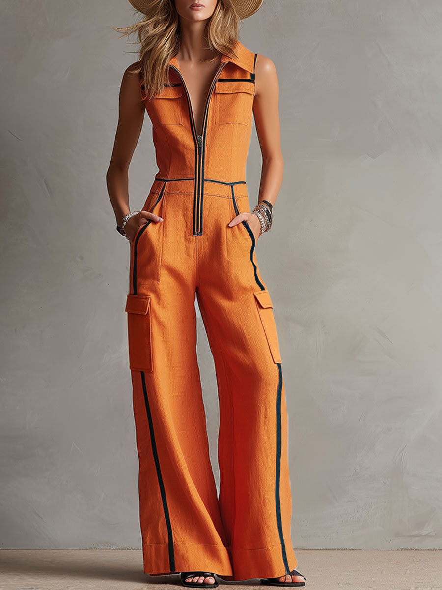Casual Retro Color-blocked Orange Cotton Linen Sleeveless Jumpsuit  - By Qivii