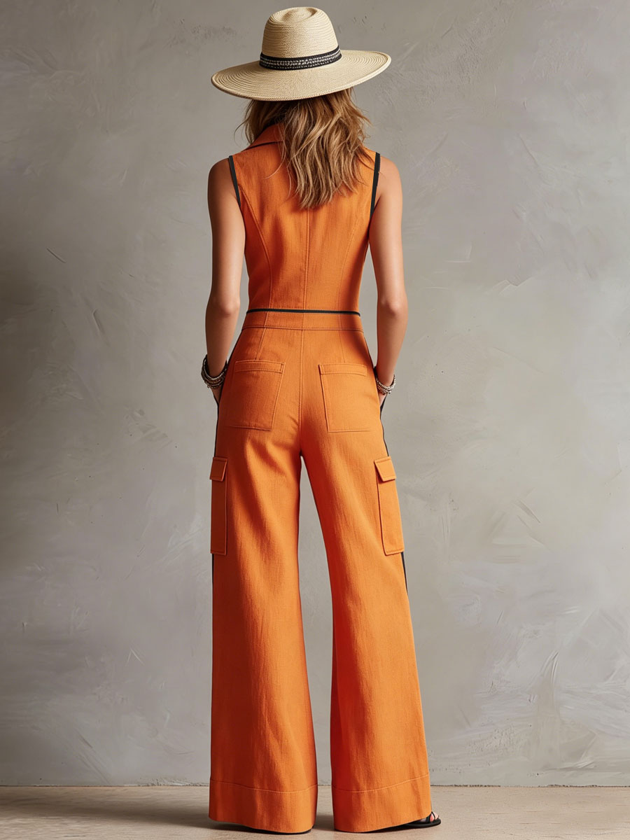 Casual Retro Color-blocked Orange Cotton Linen Sleeveless Jumpsuit  - By Qivii