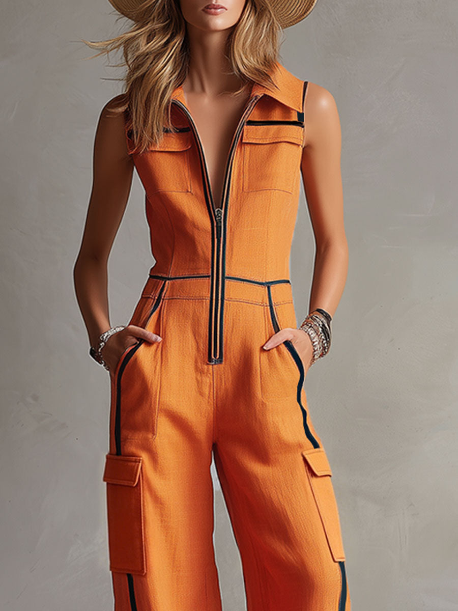 Casual Retro Color-blocked Orange Cotton Linen Sleeveless Jumpsuit  - By Qivii