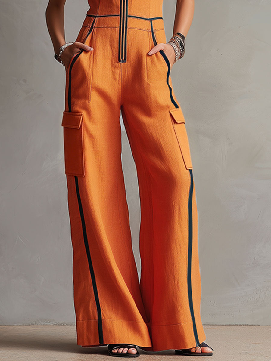 Casual Retro Color-blocked Orange Cotton Linen Sleeveless Jumpsuit  - By Qivii