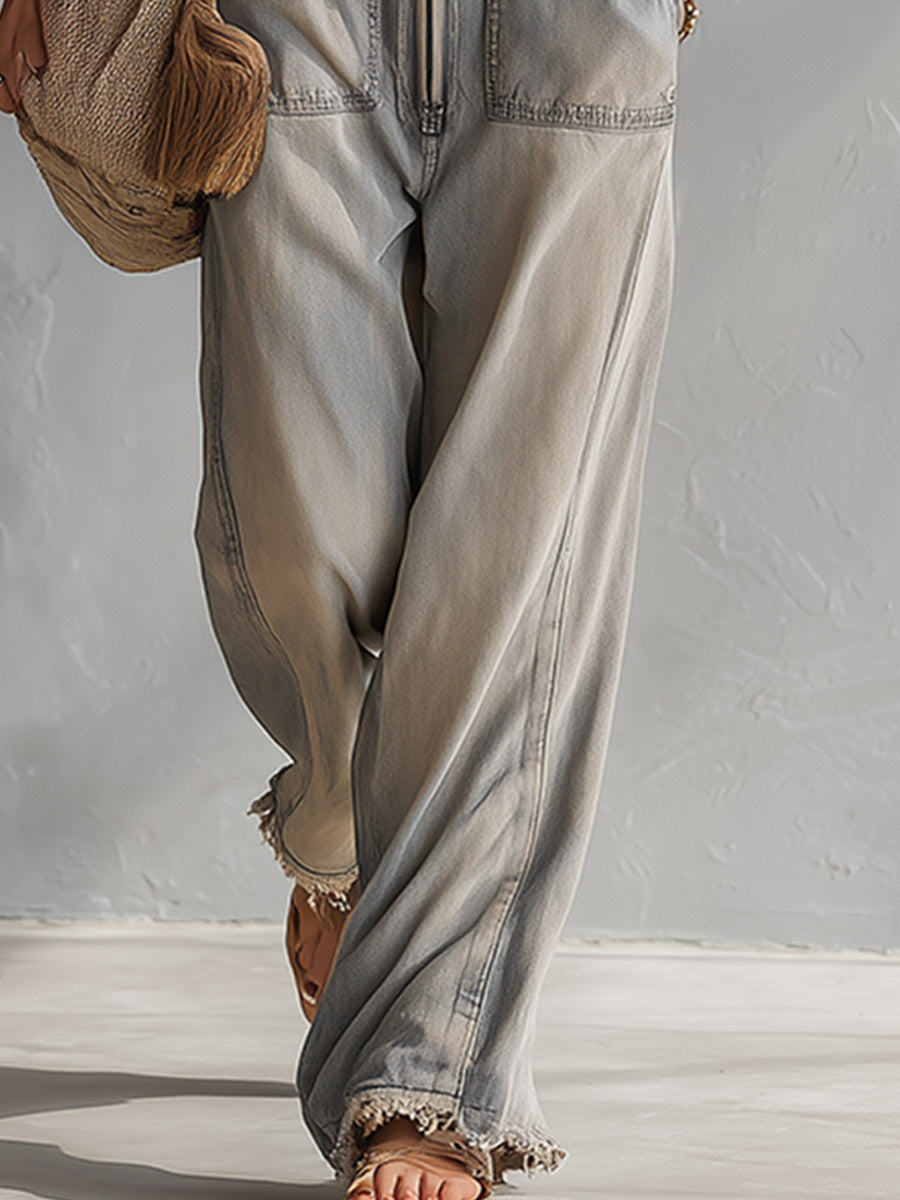 Retro Casual Distressed Gray-Blue Raw Hem Denim Jumpsuit  - By Qivii