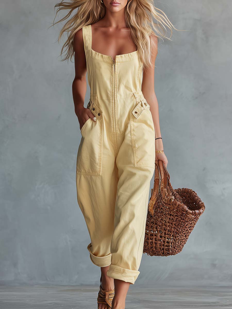 Casual Retro Square Neck Front Zipper Light Yellow Denim Jumpsuit  - By Qivii