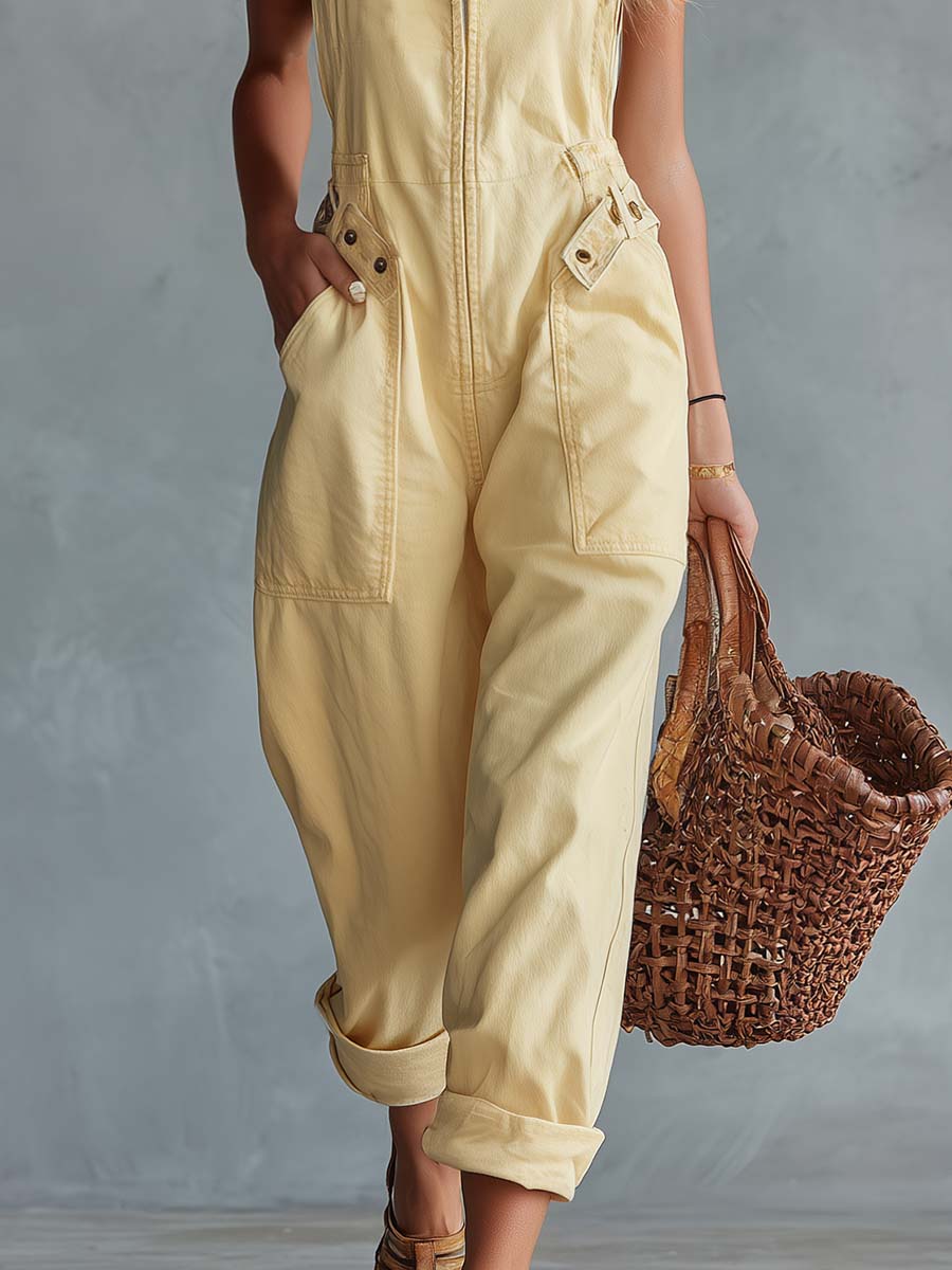 Casual Retro Square Neck Front Zipper Light Yellow Denim Jumpsuit  - By Qivii